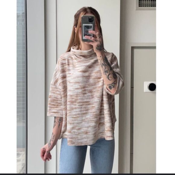 silence + noise Sweaters - Silence + Noise Anthropologie Cream And Tan Mock Turtleneck Short Sleeve Sweater